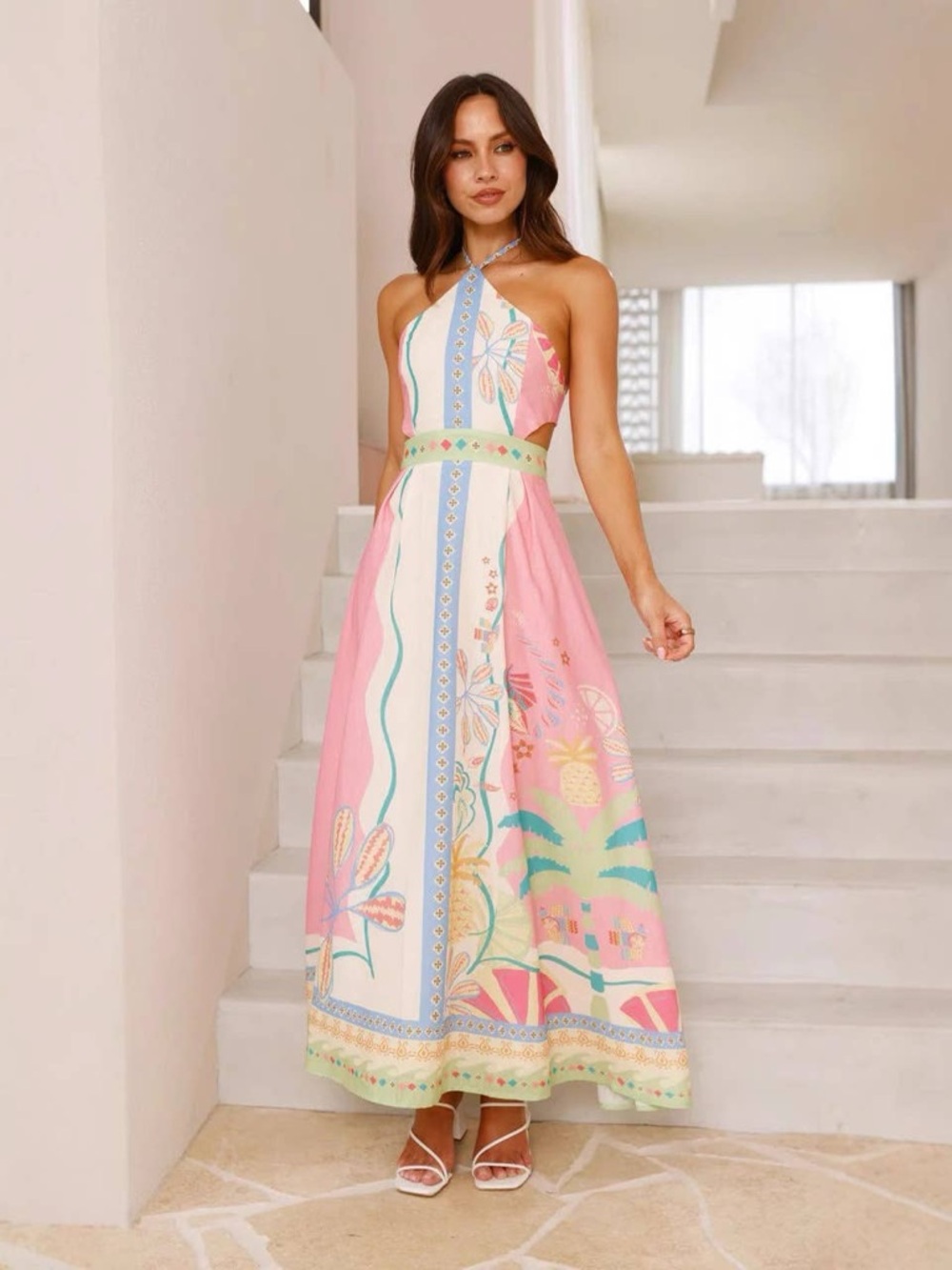 Floral Halter Backless Maxi Dress - Pink & Pastel